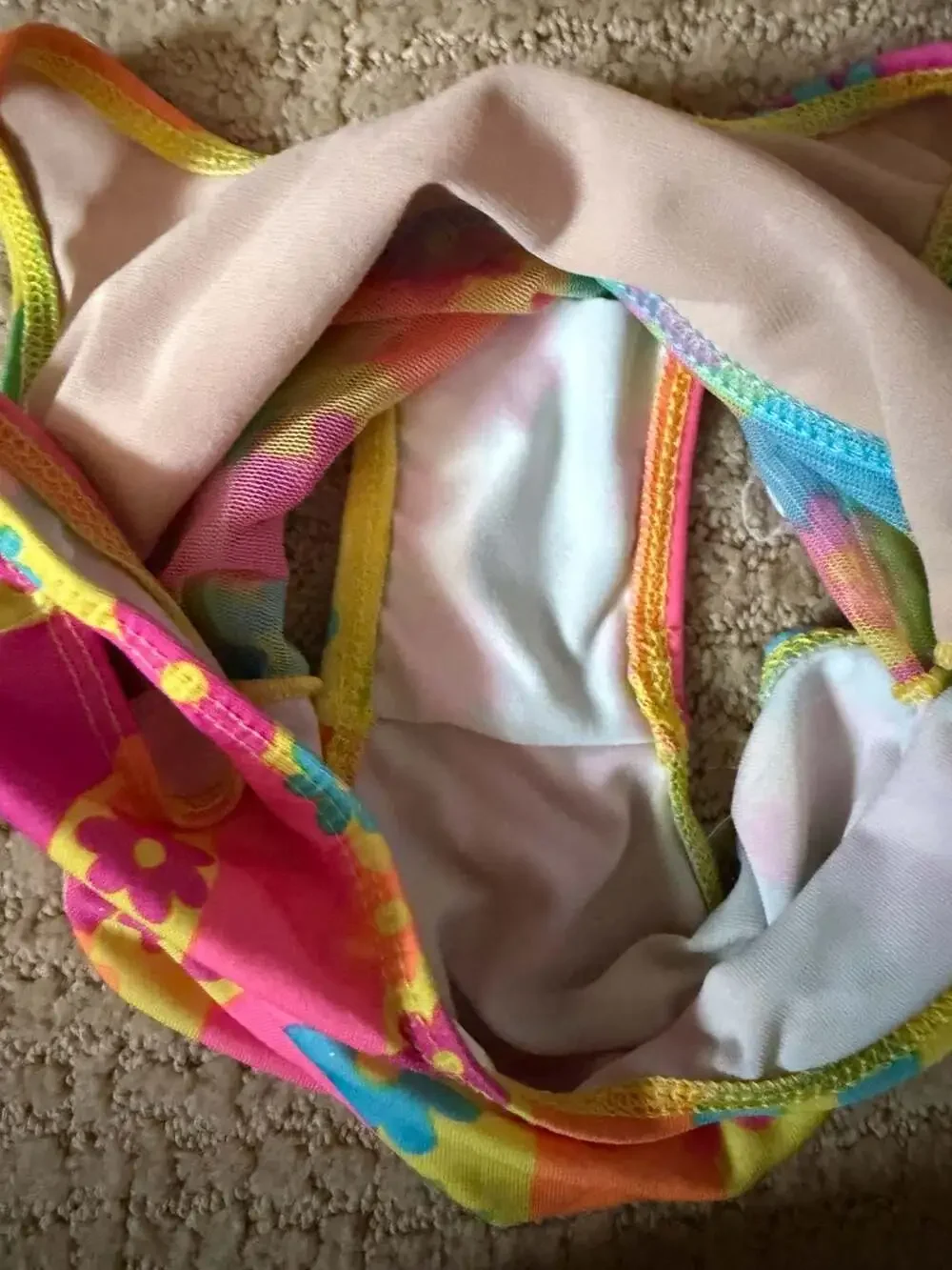 90s Vintage Girls Neon Rainbow Floral Striped One-Piece Swimsuit Size 3T